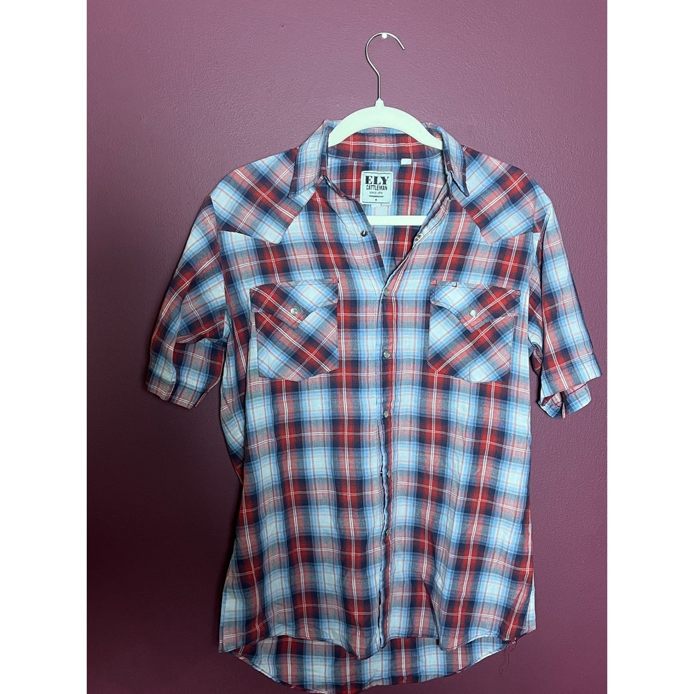 Ely Cattleman Mens Red White Blue Plaid Western Pearl Snap Short Sleeve Shirt